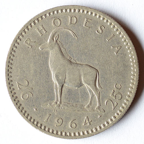 1964 Rhodesia 25c curpo-nickel 14g 32.3mm 2.5mm thickness Elizabeth II 2nd portrait