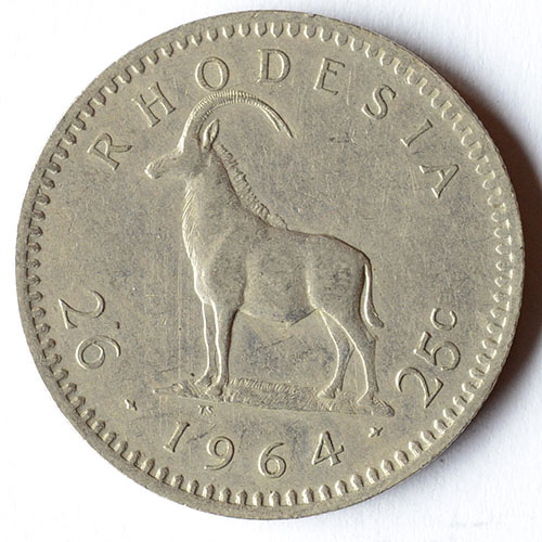 1964 Rhodesia 25c curpo-nickel 14g 32.3mm 2.5mm thickness Elizabeth II 2nd portrait